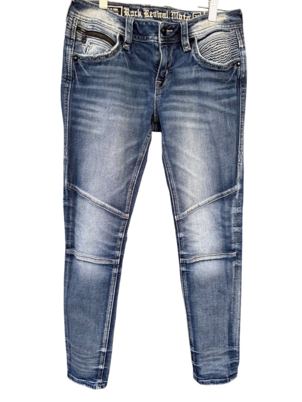 Rock Revival Moto Kamil Womens Skinny Jeans Size 27 Medium Wash Zippered Pockets
